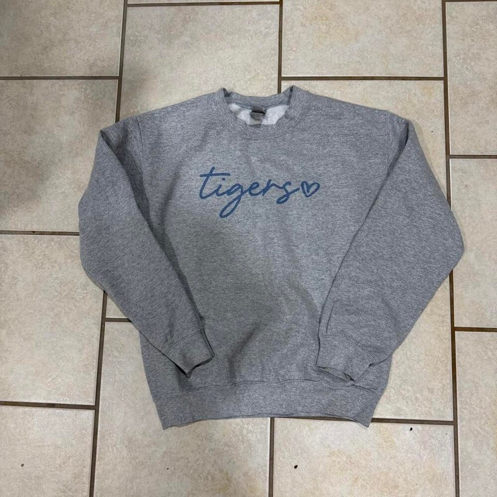 Gildan women’s Grey crewneck sweatshirt with tigers in blue writing Size S #tige